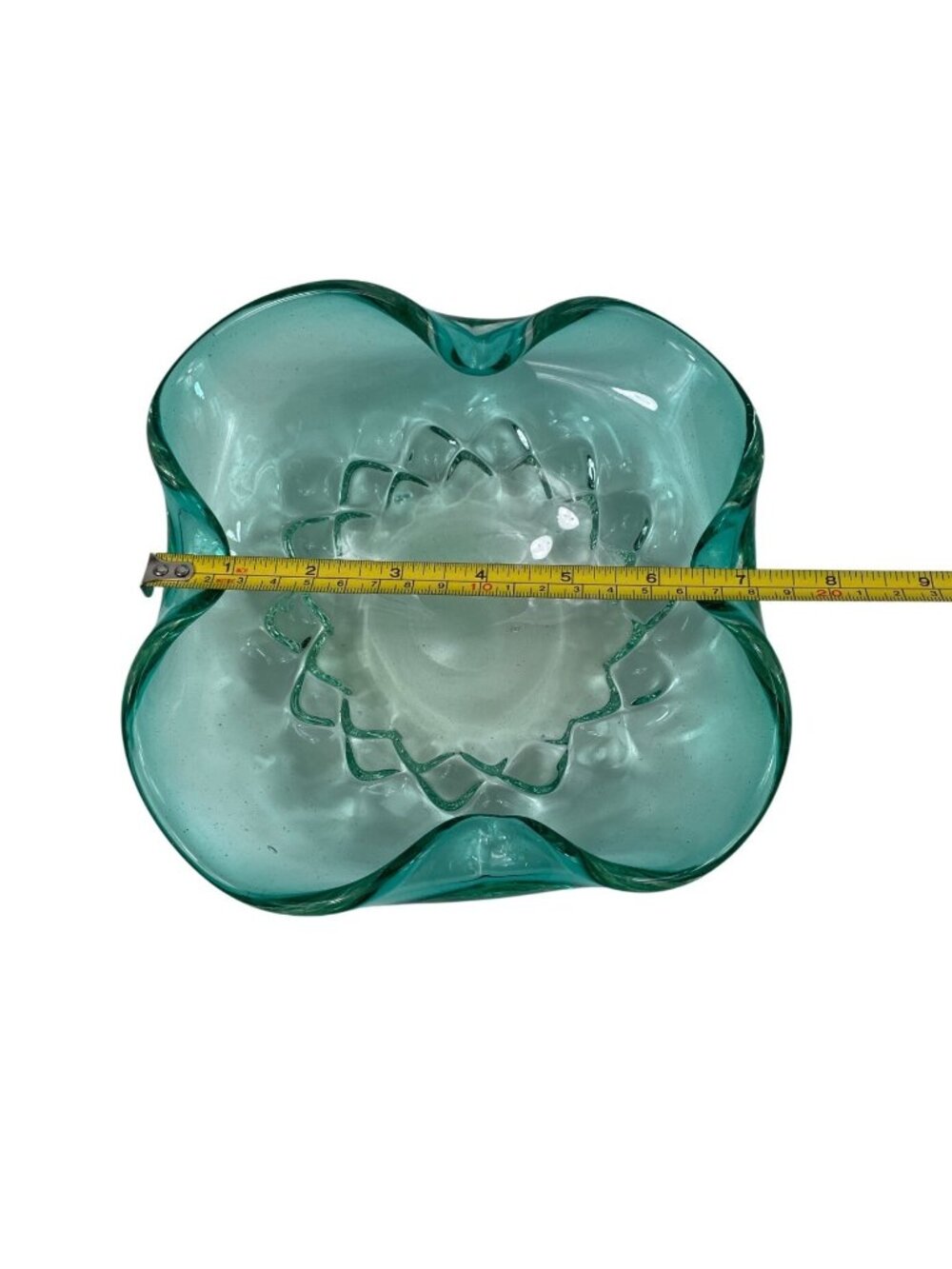 Vintage Hand Blown Turquoise Glass Bowl w/ Ruffled Edge & Textured Floral Design - Picture 9 of 10